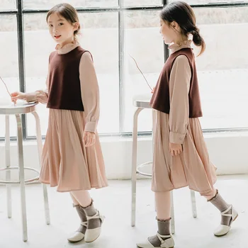 2020 Jeseni Novi Otroci, Dekleta, Elegantna Oblačila, ki korejski Teen Dekleta Telovnik Vrh in Obleko Set Otroci in Modnih Dve Delni Set, #8969