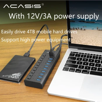 Acasis ZVEZDIŠČE USB 3.0 10 Pristanišča Super Hitrost 5Gbps Prenosni USB 3.0 HUB Razdelilnik S Zunanji Napajalnik PC Za Pribor