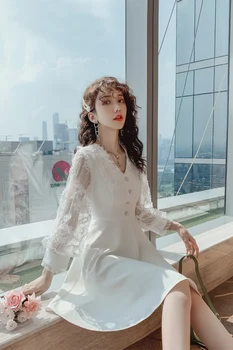 COIGARSAM Ženske enodelno obleko korejski Novo Pomlad Visoko Pasu Obleke Bele 2151
