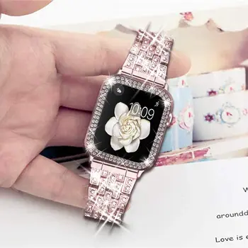 Diamant iz Nerjavečega Jekla, Trak+Primeru Za Apple Watch Band 42mm 38 mm 40 mm 44 Žensk Manšeta Zapestnica Za iwatch Serije 6 SE 5 4