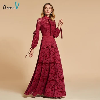 Dressv rje rdečo večerno obleko visoko vratu linije elegantne 3/4 rokavi tla-dolžina svate formalno obleko čipke večerne obleke
