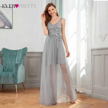 Elegantno Sivo Prom Obleke Vedno Precej, A-Line Appliques Brez Rokavov Sequined Dvojnim Proti-Vrat Dolgo Stranke Obleke Haljo De Soiree 2020