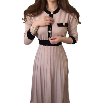 Jeseni korejski Elegantno Pletene Obleke Ženske Slim A-linijo Visoko Pasu Nabrano Obleko Ženski 2021 Nežno Dama Dolg pulover Obleko Znanja