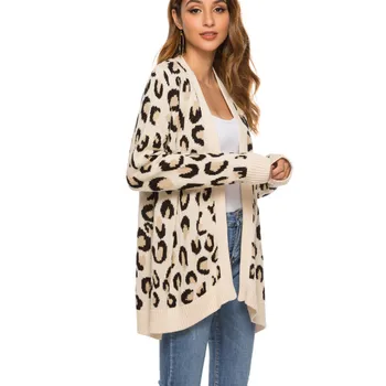 Leopard tiskanja jopico srednje dolžine pulover ženske open-vilice pleteni jakna nove Evropske in Ameriške ženske nosijo v jeseni a
