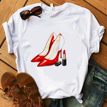 Majice za ženske do leta 2020 Rdeče Visoke Pete Majica Lady Luksuzni Make Up Parizu Slog T-Shirt Ženske Poletne Kratke Vrhovi Dekle Hipster T-majice