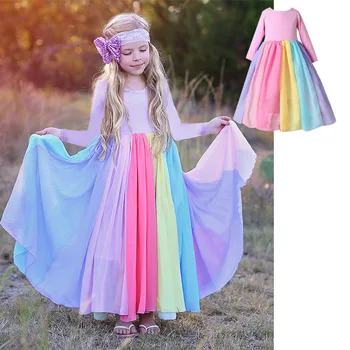 Mavrica Baby Obleko Za Dekle Oblačila Tiskanje Dekleta Princesa Obleke Z Dolgimi Rokavi Jeseni, Pozimi Trak Pisane Dekleta Stranka Obleko
