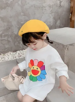 Moda Otroke Oblačila Koreja Stil Dekle Obleko Risanka Cvetlični Dolg rokav T-Shirt Pomlad Jesen Nov Baby Girl Obleke Vrhovi