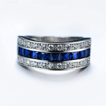Moške Deluxe 10K belo Zlato Princesa cut-blue Sapphire Kristalno gemstone Band ring Poročni Prstani za Moške nakit za Ženske
