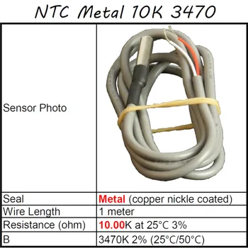 NTC senzor temperature, Kovinski zaprti, 10.00 K ohm na 25C, B=3470K (25C/50C), Žice, dolžina 1 meter, Lilytech