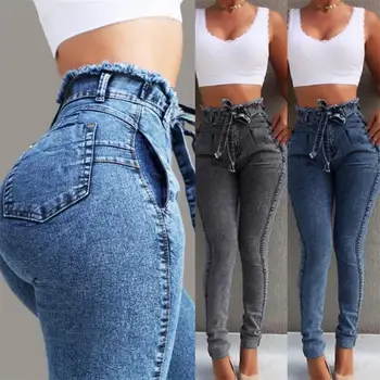 Plus Velikost ženske Obavijen Visoko Pasu Skinny Kavbojke Ženske Stretch Denim Tassel pasu Dolge Hlače za Ženske Jeans, Moda