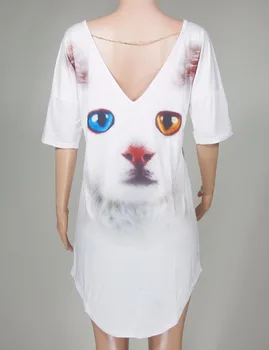Priložnostne mačka metulj natisnjeni O Vratu V backless kratek rokav Ohlapno belo mini obleka ženska moda obleke poletje ženske 2017