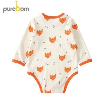 Pureborn Newborn Baby Bodysuit za Fante in Dekleta Bombaž Risanka Fox Dolg Rokav Pomlad Poletje Otroška Oblačila Enem Kosu