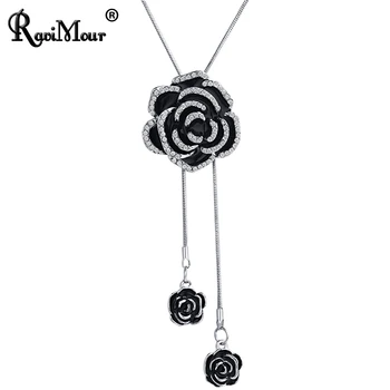 RAVIMOUR Black Rose Cvet Dolgo Ogrlico, ki za Ženske Modni Izjavo Ogrlice & Obeski, Srebrne Barve Choker Veriga Nakit Nova