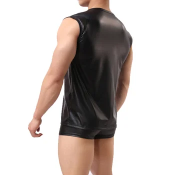 Seksi Moških Vrhovi Tank Umetno Usnje Fitnes Bodystocking Iz Lateksa Undershirts Slip Hombre Vrhovi Perilo Perilo Erotično Gay Clubwear