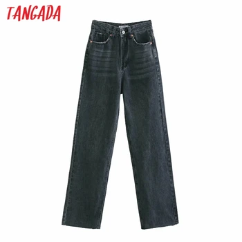 Tangada Pomlad Moda za Ženske Visok Pas Black Overlength Jeans Hlače Hlače Žepi Zadrgo Ženske Traper Hlače 4M80
