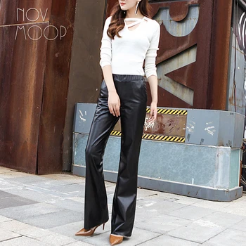 Urad slog, dame black pravega usnja jagnječje dolge ravne hlače hlače elastični pas pantalon femme LT2550 BREZPLAČNO LADJA