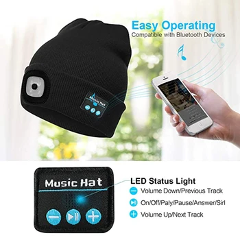 Zimska Kapa Klobuk Unisex Kapa Mehko Črno Pleteno Kapo Brezžična tehnologija Bluetooth 5.0 Smart Skp Slušalke Slušalke z LED Luči
