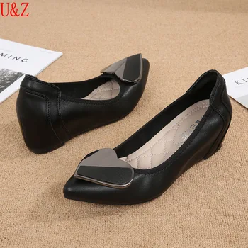 Ženske Formalno čevlji Črno usnje majhen klin čevlji luksuzni sponke žensk majhno pete, čevlji urad ženske njen prvi par čevljev