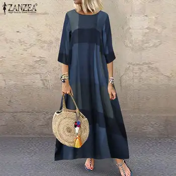 Ženske Jeseni Preverite Sundress 2021 ZANZEA Vintage Obleko Maxi Priložnostne Dolg Rokav Natisnjeni Vestidos O Ženski Vratu Haljo Plus Velikost 7