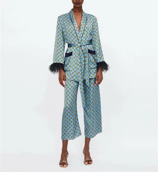 Ženske obleke 2021 Nov Prihod Modra Natisnjeni Kimono Jakno z Perja Rokave Široke Noge hlače, dvodelne Vintage Oblačila Obleke